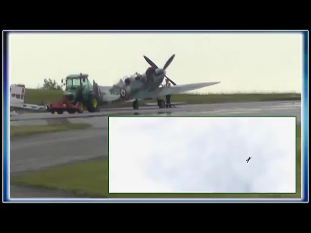 Spitfire MK IX T9 (D-FMKN) wird gerade aufgetankt und ist dann auf dem Weg zum Hangar 10 des Flughafens Heringsdorf. Dort wird gerade die Mustang P-51 (D-FUNN) mit iTowbot zu den anderen historischen Flugzeugen geschoben. - 17.05.2014
